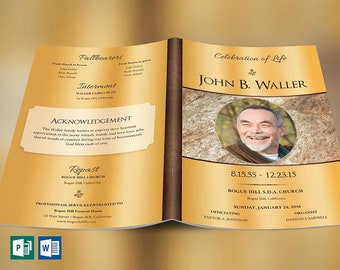 Solid Gold Funeral Program Template | Word Template, Publisher | Celebration of Life | 8 Pages | Bifold to 5.5x8.5 in