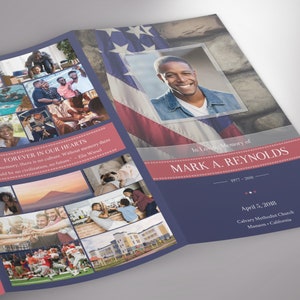 American Military Legal Trifold Funeral Program Template for Word and Publisher V1 features the symbolic and patriotic  Red, White, and Blue colors of the American Flag. The Legal Print Size of 14x8.5 inches is Trifold to 4.75x8.5 inches.