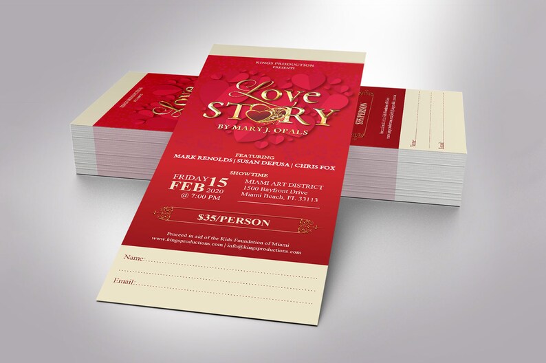 Valentines Day Love Story Ticket Template for Word and Publisher is Size 3x7 inches. It is created with red hearts, red background, and a golden title. Great for any Valentine's Day performance art event like plays, operas, musicals, short movies