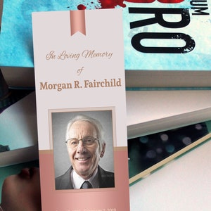 Rose Gold Funeral Bookmark Template for Word and Publisher is Size 2.75x8 inches. The design features Rose Gold colors with beautiful typography. A Celebration of Life Keepsake for memorial or funeral services.