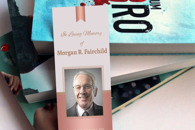 Rose Gold Funeral Bookmark Template for Word and Publisher is Size 2.75x8 inches. The design features Rose Gold colors with beautiful typography. A Celebration of Life Keepsake for memorial or funeral services.