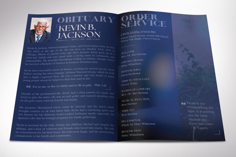 Blue Dawn Funeral Program Template, Canva Template, Magazine Style, Celebration of Life, Navy Blue, 4 Page, 5.5x8.5 in image 3