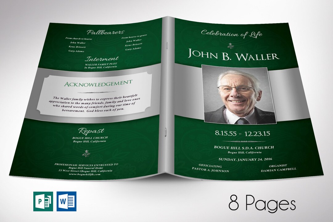 Green Silver Funeral Program Template Set, Word and Publisher