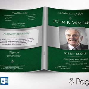 Green Silver Funeral Program Template Word Template, Publisher Celebration of Life, 8 Pages 5.5x8.5 inches image 1