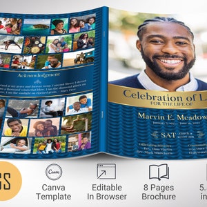 Puede incluir: Un folleto de programa funerario de 8 páginas en azul y dorado con una foto de un hombre sonriente. El texto dice "Celebración de la vida para la vida de Marvin E. Meadows".