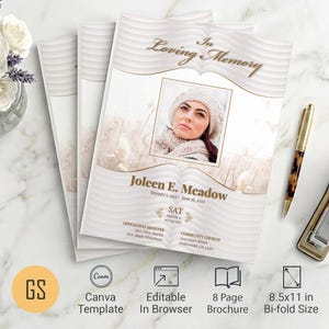 Quill Gray Waves Funeral Program Template | Canva: 8-Page Bifold Memorial Obituary (8.5x11) Digital Download