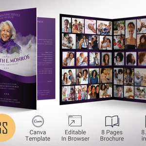 Purple Ribbon Funeral Program Template: Celebration of Life (Canva, 8 Page)