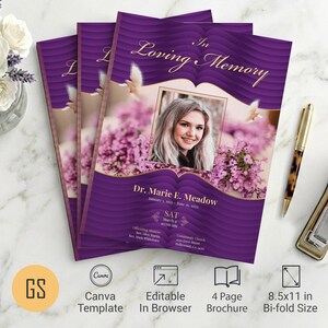 Plantilla de programa funerario con ondas moradas y doradas / Canva: obituario conmemorativo plegable de 4 páginas (8,1 x 11) descarga digital