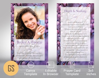Funeral Prayer Card Template for Canva - Purple Droplets | Celebration of Life, Funeral Favor, Memory Card | 3x5 inches