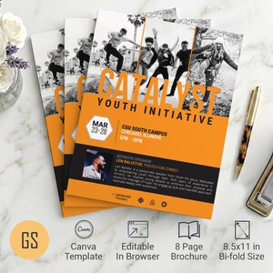 Modèle de programme de conférence jeunesse Catalyst | Toile : brochure de 8 pages sur l'église à deux volets, orange et noir (8,5 x 11 pouces), numérique