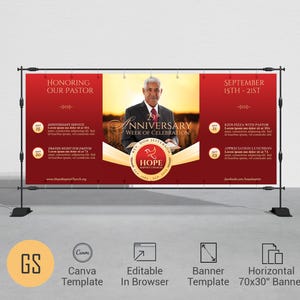 Pastor Anniversary Banner Template: Red and Gold Church Celebration (70x30 inches)