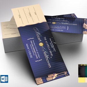 Musical Event Ticket Template Blue Gold, Word Template, Publisher V1, Blue Beige, Concert Ticket, Church Event, 6x2 in image 1