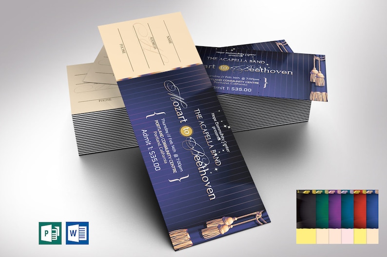 Musical Event Ticket Template Blue Gold, Word Template, Publisher V1, Blue Beige, Concert Ticket, Church Event, 6x2 in image 1