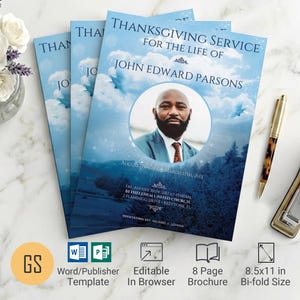 Blue Sky Funeral Program Template | Word and Publisher: 8-Page Bifold Obituary (11x8.5) Digital Download
