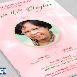 Pink Rose Funeral Program Template: Celebration of Life (Word & Publisher)