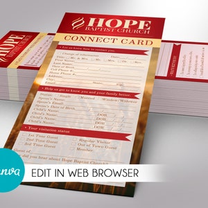 Modelo de cartão de conexão vermelho dourado para Canva, cartão de boas-vindas da igreja, novo convidado, visitante da igreja, solicitação de informações, digital editável para impressão