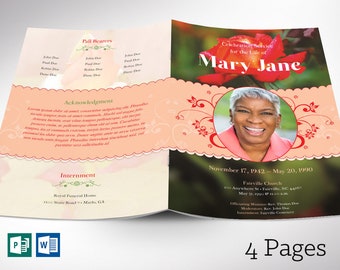 Orange Red Rose Funeral Program Template for Word and Publisher, Celebration of Life, Memorial Service, 4 Pages, 5.5x8.5 inches