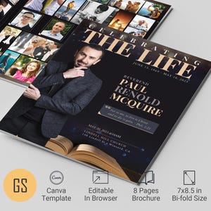 Black Bokeh Funeral Program Template for Canva: 8-Page Bifold Memorial Obituary (7x8.5) Digital Download