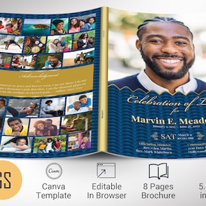 May include: A blue and gold 8-page funeral program brochure with a photo of a man smiling. The text reads "Celebration of Life for Marvin E. Meadow" and includes the date and time of the service. The brochure is 5.5 x 8.5 inches.