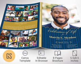 Celebrate Funeral Program Template for Canva - Blue and Gold | Celebration of Life | 8 Pages | Bi-fold to 5.5x8.5 inch