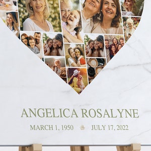 Large - Transform your cherished memories into a beautiful tribute with the Tropica Funeral Heart Photo Collage Template for Canva. This large funeral welcome sign features a Photo Heart Shape Collage that showcases your loved ones special moments