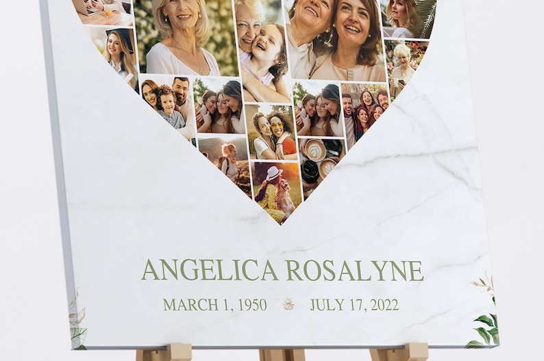 Large - Transform your cherished memories into a beautiful tribute with the Tropica Funeral Heart Photo Collage Template for Canva. This large funeral welcome sign features a Photo Heart Shape Collage that showcases your loved ones special moments