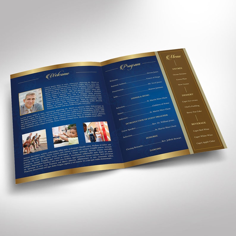 Blue Gold Anniversary Gala Tabloid Program Template Word Template, Publisher Banquet Program 4 Pages 11x17 in image 3