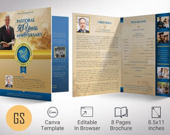 Clergy Anniversary Tabloid Program Template, Canva Template | Blue Gold, Church Anniversary | 8 Pages | 11x17 inch