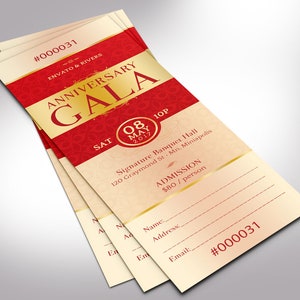 Elegant Anniversary Gala Ticket Word Publisher Template, Size: 2”×6”, is designed with red and gold, and 7 additional color backgrounds are included. Great for Church Anniversary Banquets, Pastor Anniversary Galas, and Balls.