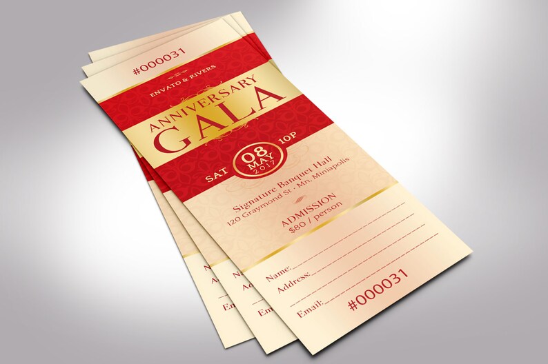 Elegant Anniversary Gala Ticket Word Publisher Template, Size: 2”×6”, is designed with red and gold, and 7 additional color backgrounds are included. Great for Church Anniversary Banquets, Pastor Anniversary Galas, and Balls.