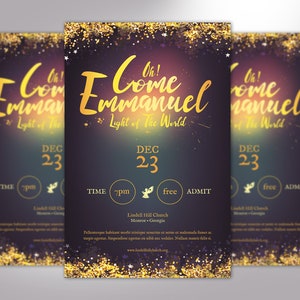 Emmanuel Christmas Flyer Word Publisher Template, Size 5 x 8 inches,  is for events during the Christmas season. Great for Christmas Cantatas, Plays, Pageants, Banquets, Dinner Dance, etc. It has a deep night blue background and golden stars.