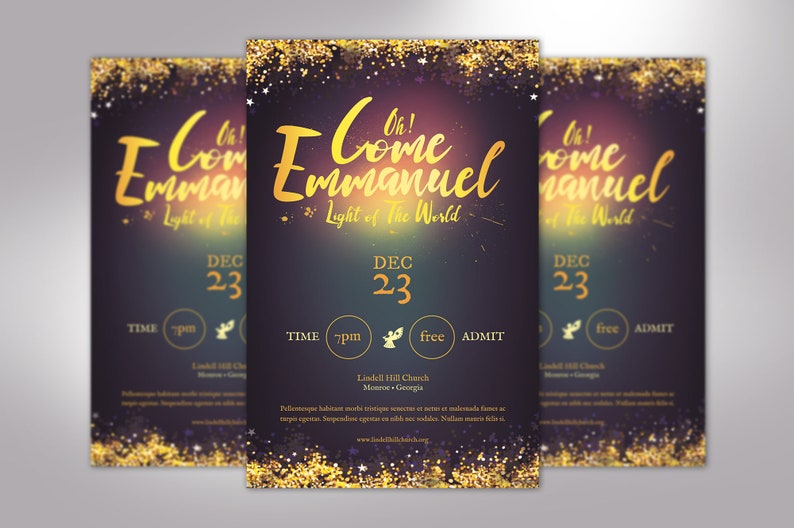 Emmanuel Christmas Flyer Word Publisher Template, Size 5 x 8 inches,  is for events during the Christmas season. Great for Christmas Cantatas, Plays, Pageants, Banquets, Dinner Dance, etc. It has a deep night blue background and golden stars.