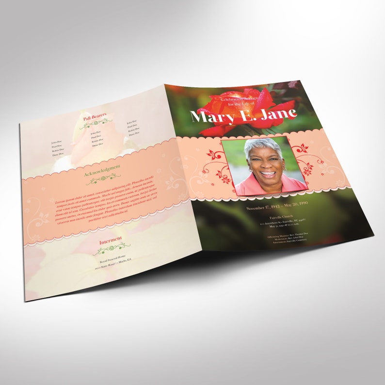 Orange Red Rose Tabloid Funeral Program Template, Word Template, Publisher, Celebration of Life, 4 Pages, 11x17 inches image 2