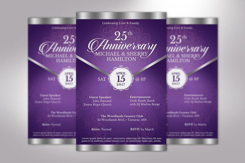 Purple Silver Anniversary Flyer Template - Word and Publisher is 5.5x8.5 inches. The Banquet Invitation is created with a deep lavender background and highlighted with silver. Great for church anniversaries, wedding anniversaries, pastor appreciation