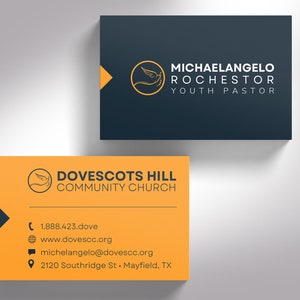 Modern Church Business Card Template for Canva is Size 3.5x2 inches. It features a blue and yellow color scheme. Great for church business cards and pastor business cards. The contrast between the bright and dark colors gives a minimalistic modern