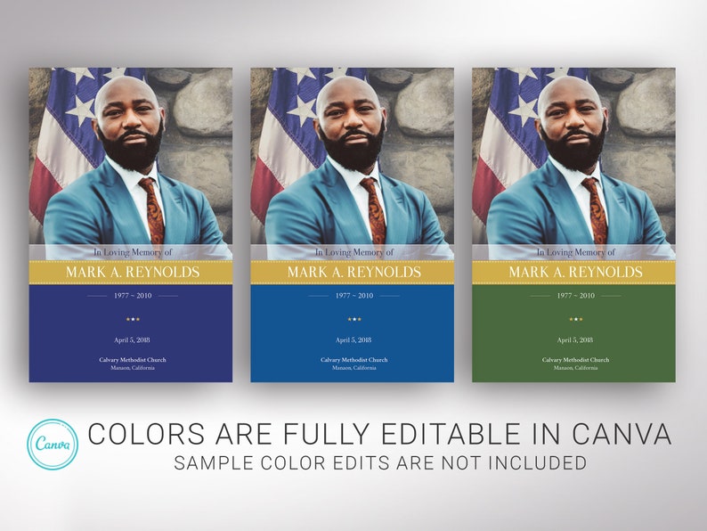 Color change samples - American Military Funeral Program Canva Template - V4. is 11x8.5 inches and bifold to 5.5x8.5 inches. This meticulously crafted 8-page bi-fold program pays tribute to those who have served our nation