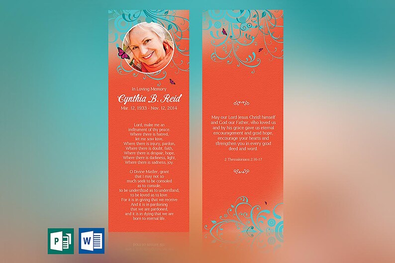 Butterfly Funeral Bookmark Template Word Template, Publisher Memorial Favor, Celebration of Life 2.75x8 inches image 1