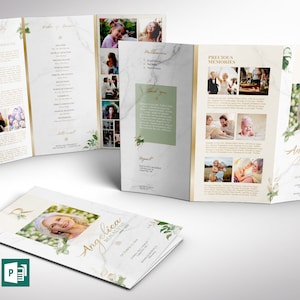 Tropica Tabloid Trifold Funeral Program Template for Word and Publisher is designed with green and gold, Tropical Florals, over a marble background. The ledger Print Size of 17x11 inches is Trifold to 5.75x11 inches. This celebration of life trifold