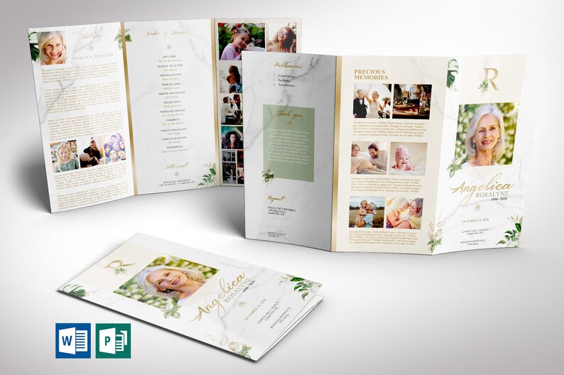 Tropica Tabloid Trifold Funeral Program Template for Word and Publisher is designed with green and gold, Tropical Florals, over a marble background. The ledger Print Size of 17x11 inches is Trifold to 5.75x11 inches. This celebration of life trifold