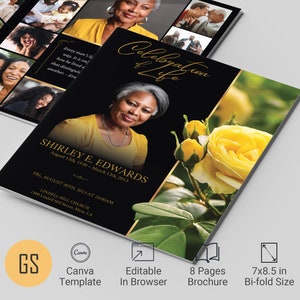 May include: A black and gold funeral program with a photo of a woman and a yellow rose. The program includes the name Shirley E. Edwards, dates of birth and death, and details of the funeral service. The text "Celebration of Life" is written in gold script.