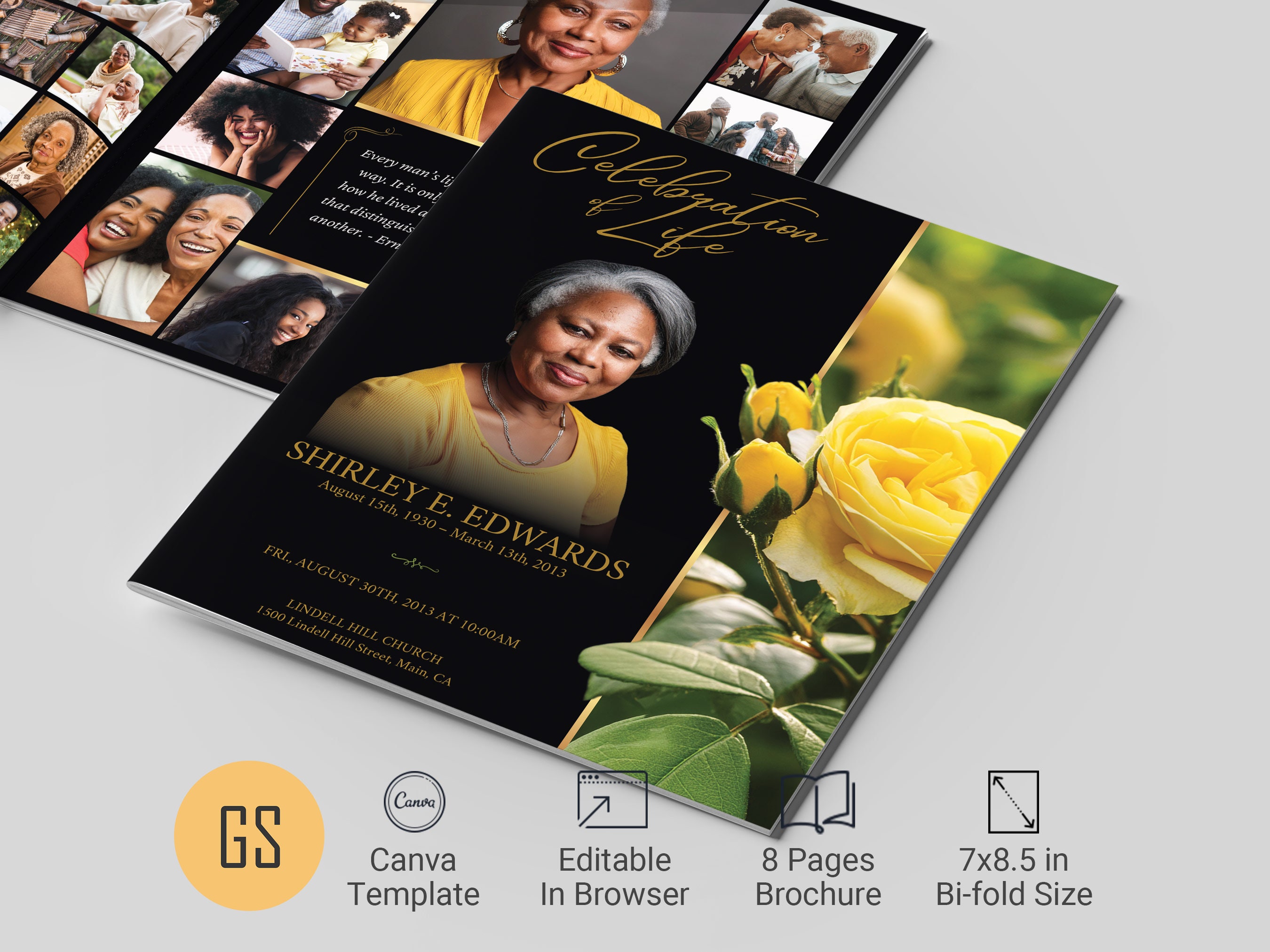 Yellow Roses Funeral Vector Yellow Rose Funeral Program Template: 8-page Bifold Memorial Obituary ...