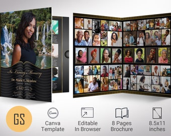 Loving Tabloid Funeral Program Template 2, Canva Template, Black and Gold | Celebration of Life | 8 Pages | 11x17 inches