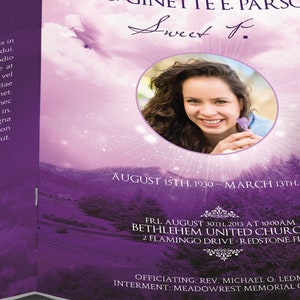 Purple Sky Funeral Program Word and Publisher Template have 8 Pages and is decorated with beautiful ornaments, doves, and a flourishing landscape over a beautiful purple background. The Print Size is 11x8.5 inches and it Bi-Fold to 5.5x8.5 inches.