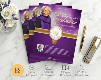 Plantilla para programa de aniversario de pastores en Canva: folleto para iglesia de 4 páginas morado y dorado (8,5 x 11 pulgadas), descarga digital