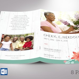 Spring Funeral Program Template for Word and Publisher has 8 pages. The Celebration of Life obituary template is a scrapbook style with teal, beige, and pink. The Print Size of 11x8.5 inches is Bi-Fold to 5.5x8.5 inches. Designed for funerals