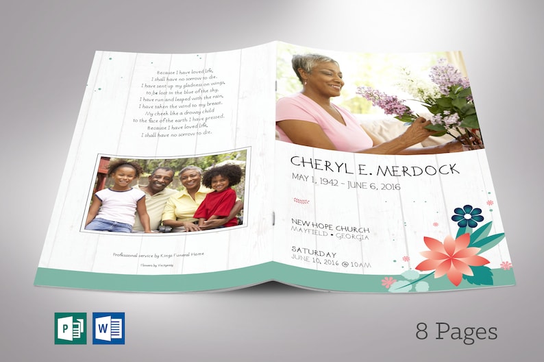 Spring Funeral Program Template for Word and Publisher has 8 pages. The Celebration of Life obituary template is a scrapbook style with teal, beige, and pink. The Print Size of 11x8.5 inches is Bi-Fold to 5.5x8.5 inches. Designed for funerals