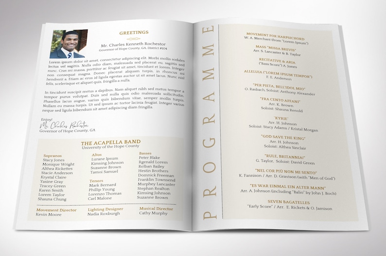 The Musical Event Program Template for Canva has 4 Pages. It features a black and gold background with gold decals and a pair of tassels. The Print Size of 11x8.5 inches is Bifold to 5.5x8.5 inches. The concert program is a bi-fold brochure