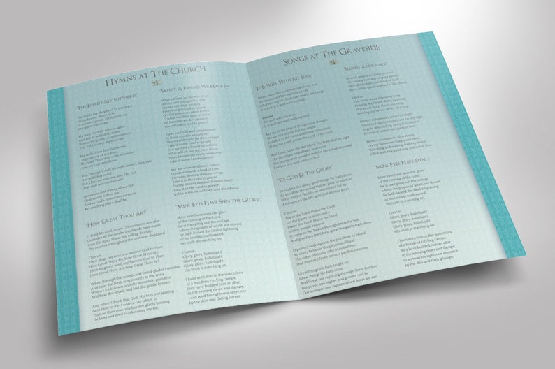 Oceanic Tabloid Funeral Program Template for Word and Publisher has 8 Pages. The celebration of life bi-fold brochure features a vivid ocean with a blue sky. The Print Size of 17x11 inches is Bi-Fold to 8.5x11 inches. An oceanic theme.