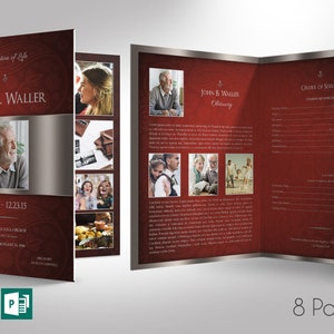 Burgundy Silver Funeral Program Tabloid Word and Publisher Template have 8 pages and feature a burgundy paisley background with silver decals. The Tabloid Print Size of 17x11 inches is Bi-Folded to 8.5x11 inches.