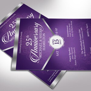 Purple Silver Anniversary Flyer Template - Word and Publisher is 5.5x8.5 inches. The Banquet Invitation is created with a deep lavender background and highlighted with silver. Great for church anniversaries, wedding anniversaries, pastor appreciation